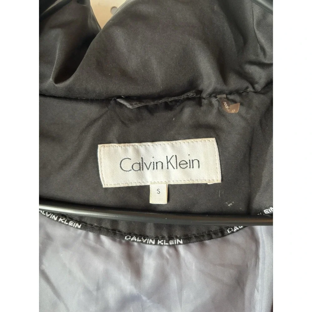 Calvin Klein Puffer Jacket Women's Small Black Duck Down Coat Parka Fur Hood Zip